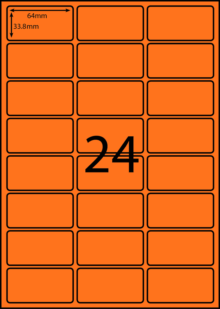 64 x 33.8 mm orange A4 sheet label, 24 per sheet, 3 across.