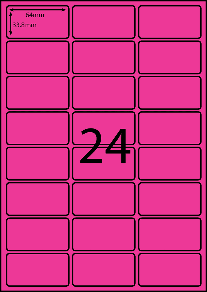 64 x 33.8 mm pink A4 sheet label, 24 per sheet, 3 across.