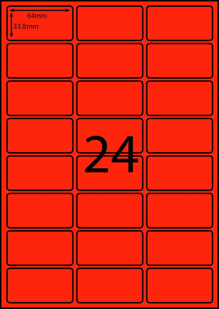 64 x 33.8 mm red A4 sheet label, 24 per sheet, 3 across.