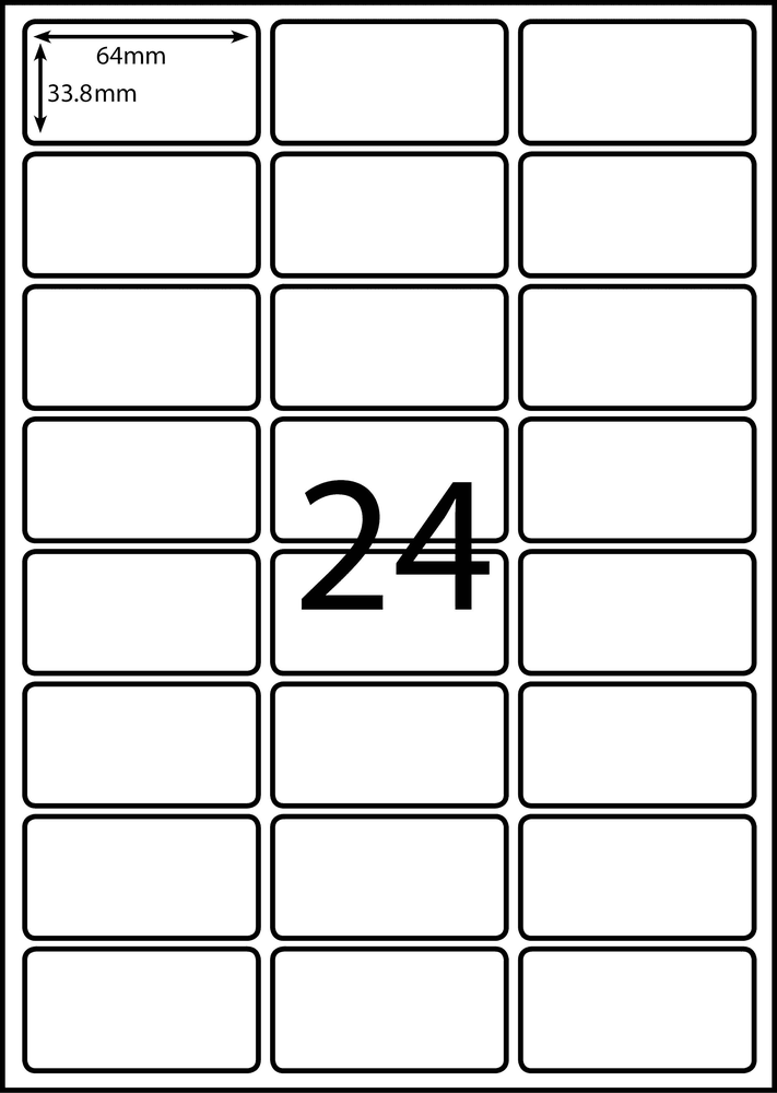 64 x 33.8 mm white A4 sheet label, 24 per sheet, 3 across.
