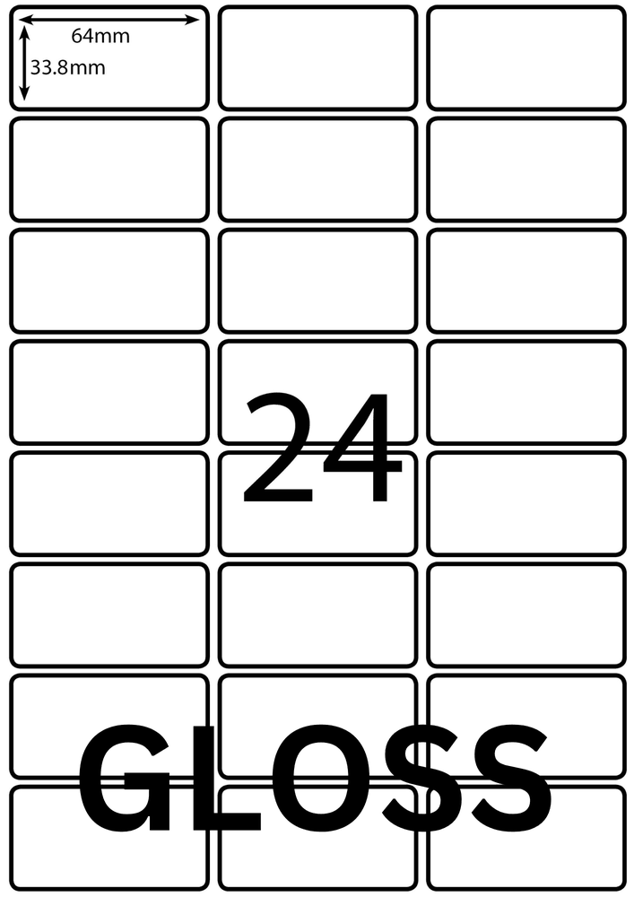 64 x 33.8 mm white A4 sheet label, 24 per sheet, 3 across.