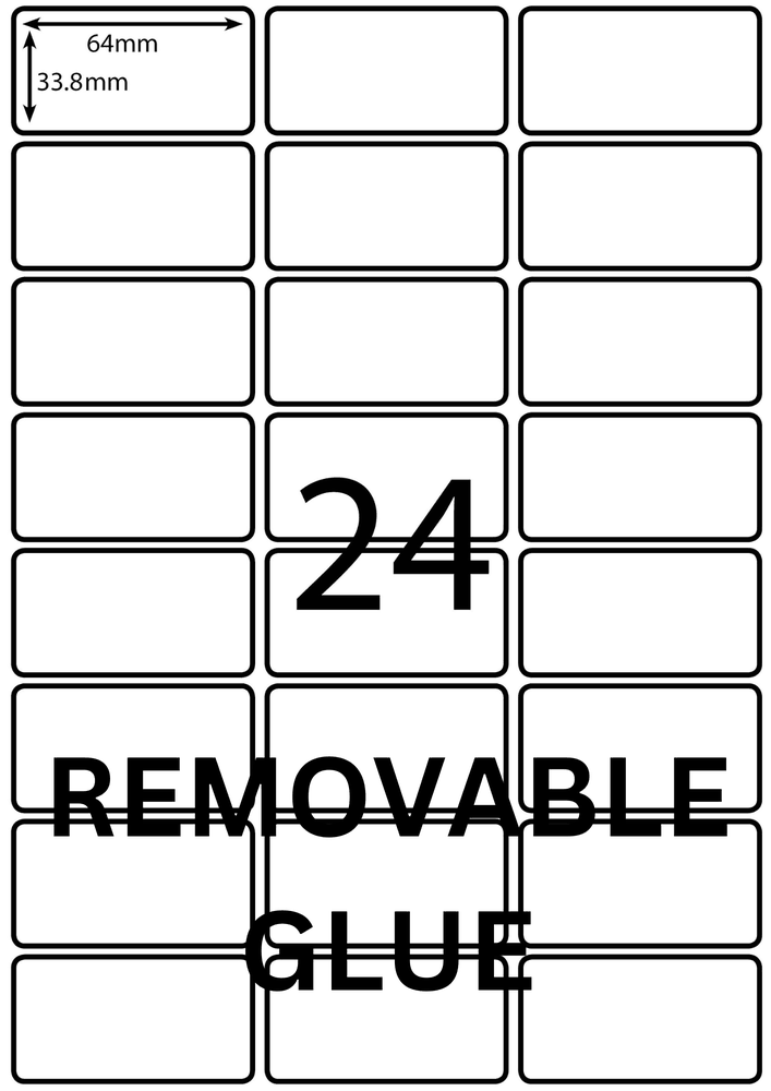 64 x 33.8 mm white A4 sheet label, 24 per sheet, 3 across.