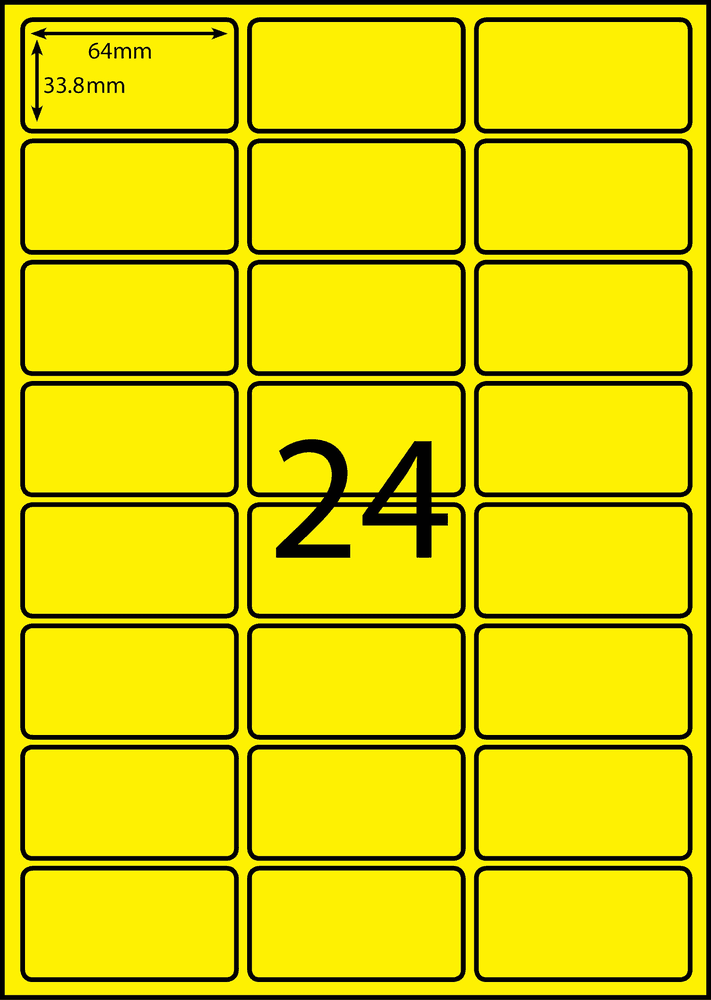 64 x 33.8 mm yellow A4 sheet label, 24 per sheet, 3 across.