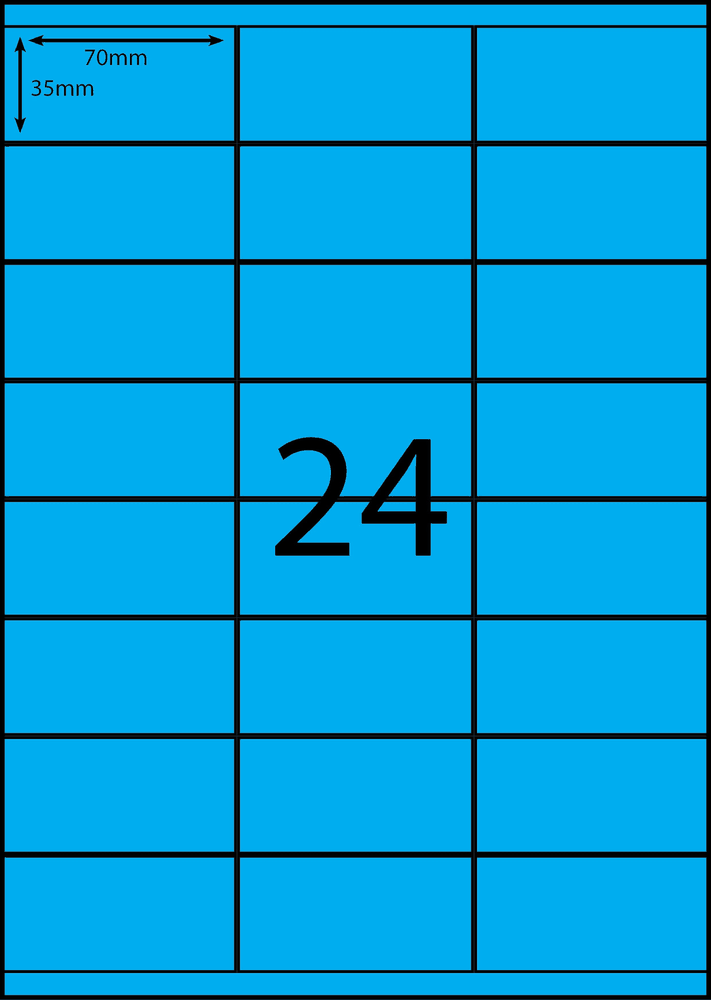 70 x 35 mm blue A4 sheet label, 24 per sheet, 3 across.
