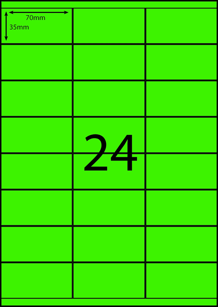 70 x 35 mm green A4 sheet label, 24 per sheet, 3 across.