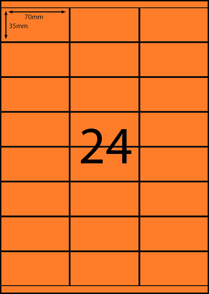 70 x 35 mm orange A4 sheet label, 24 per sheet, 3 across.