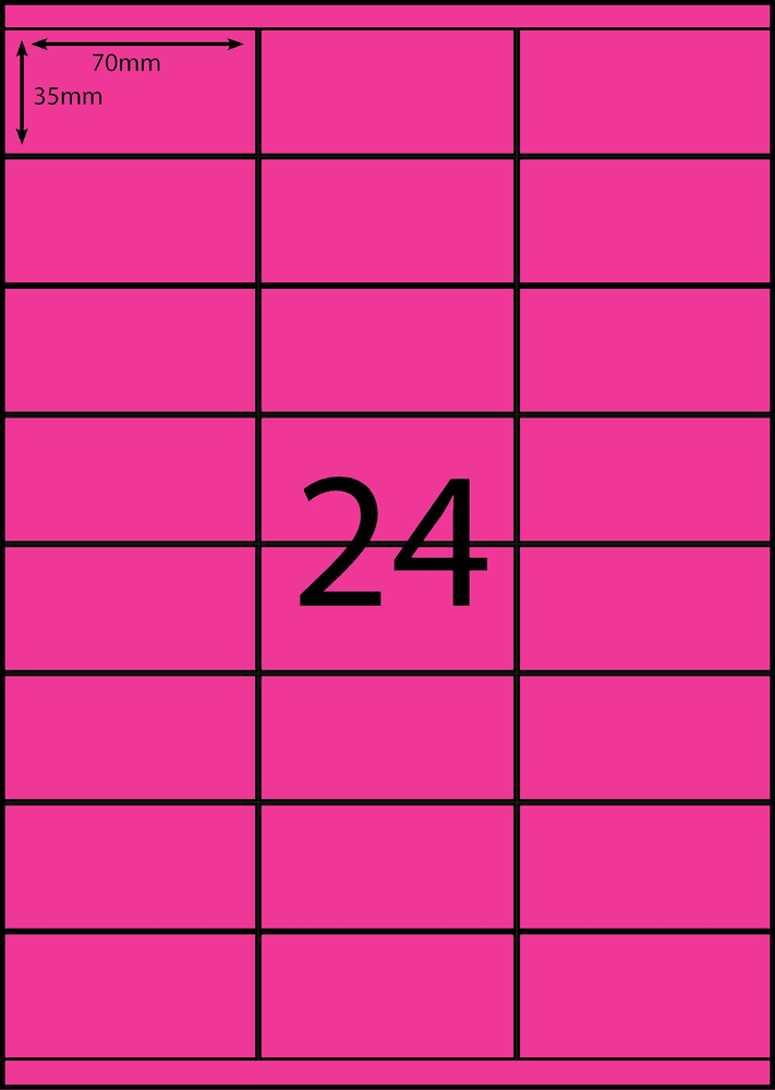 70 x 35 mm pink A4 sheet label, 24 per sheet, 3 across.