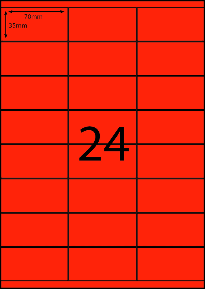 70 x 35 mm red A4 sheet label, 24 per sheet, 3 across.