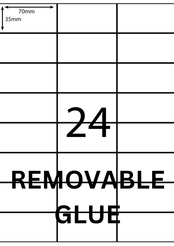 70 x 35 mm white A4 sheet label, 24 per sheet, 3 across.