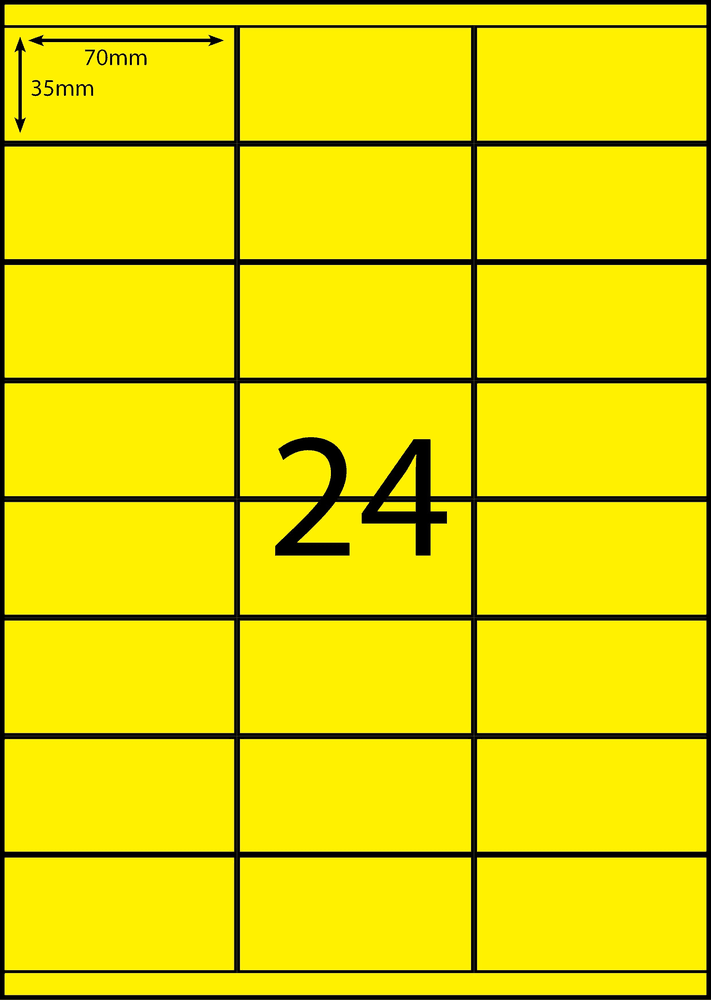 70 x 35 mm yellow A4 sheet label, 24 per sheet, 3 across.