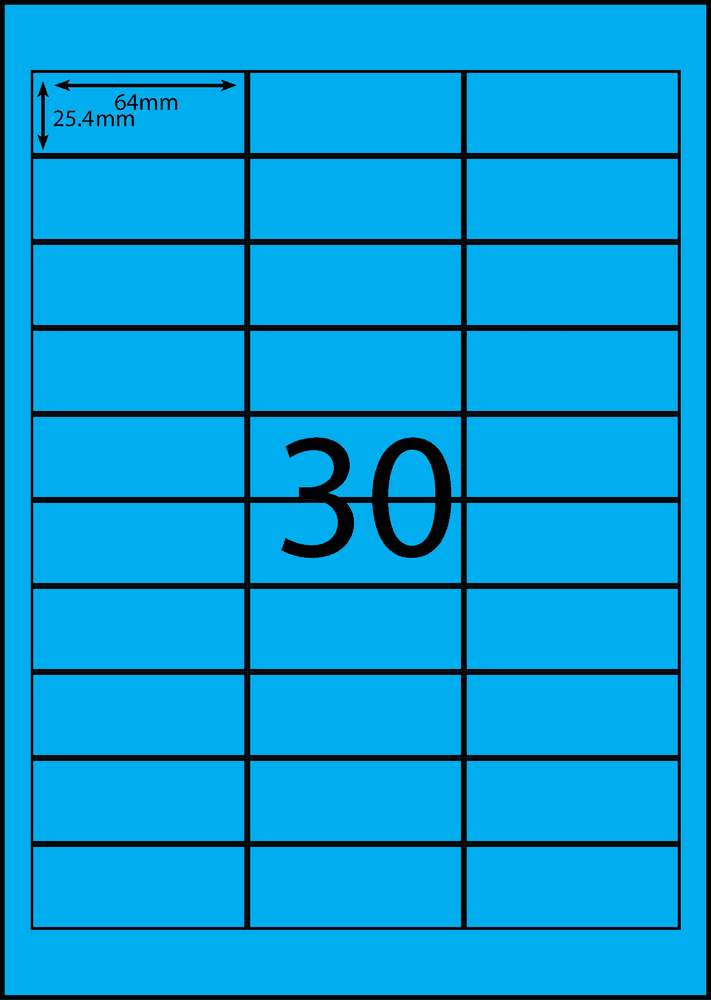 64 x 25.4 mm blue A4 sheet label, 30 per sheet, 3 across.