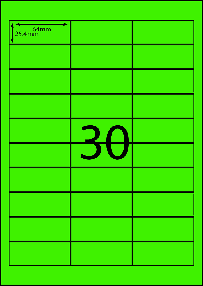 64 x 25.4 mm green A4 sheet label, 30 per sheet, 3 across.