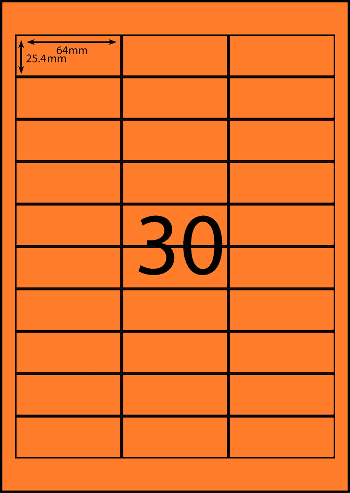 64 x 25.4 mm orange A4 sheet label, 30 per sheet, 3 across.
