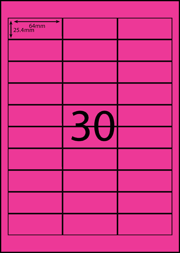 64 x 25.4 mm pink A4 sheet label, 30 per sheet, 3 across.