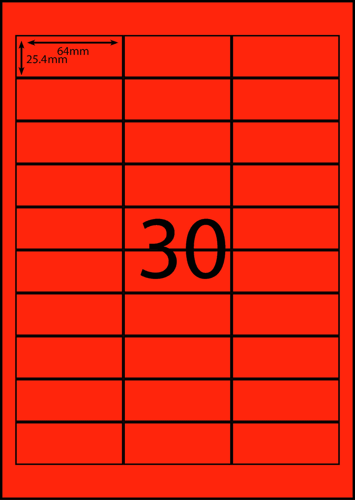 64 x 25.4 mm red A4 sheet label, 30 per sheet, 3 across.