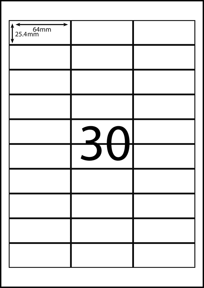 64 x 25.4 mm white A4 sheet label, 30 per sheet, 3 across.