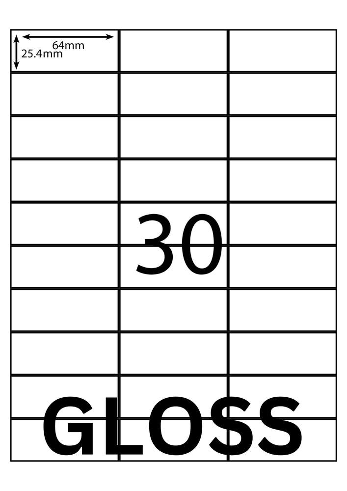 64 x 25.4 mm white A4 sheet label, 30 per sheet, 3 across.