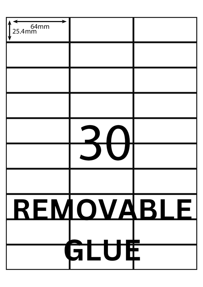 64 x 25.4 mm white A4 sheet label, 30 per sheet, 3 across.