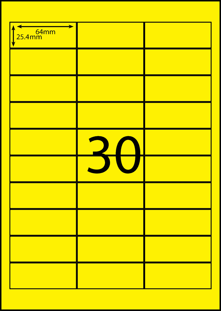 64 x 25.4 mm yellow A4 sheet label, 30 per sheet, 3 across.