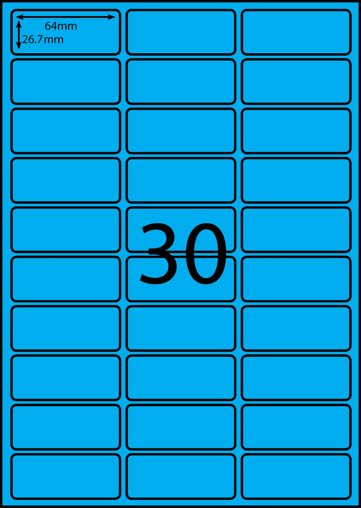 64 x 26.7 mm blue A4 sheet label, 30 per sheet, 3 across.