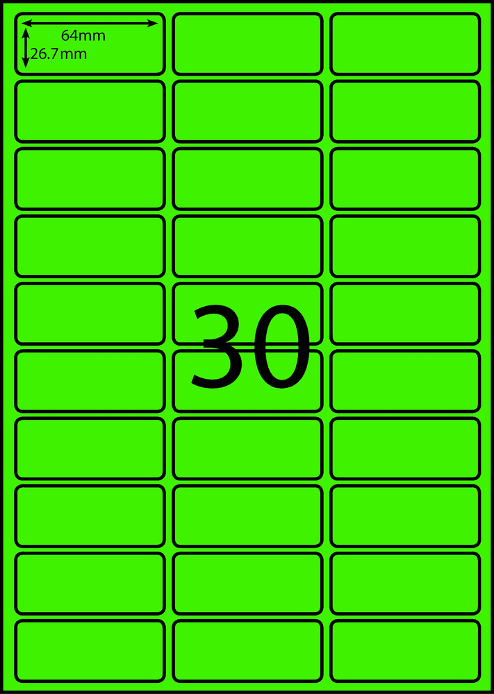 64 x 26.7 mm green A4 sheet label, 30 per sheet, 3 across.
