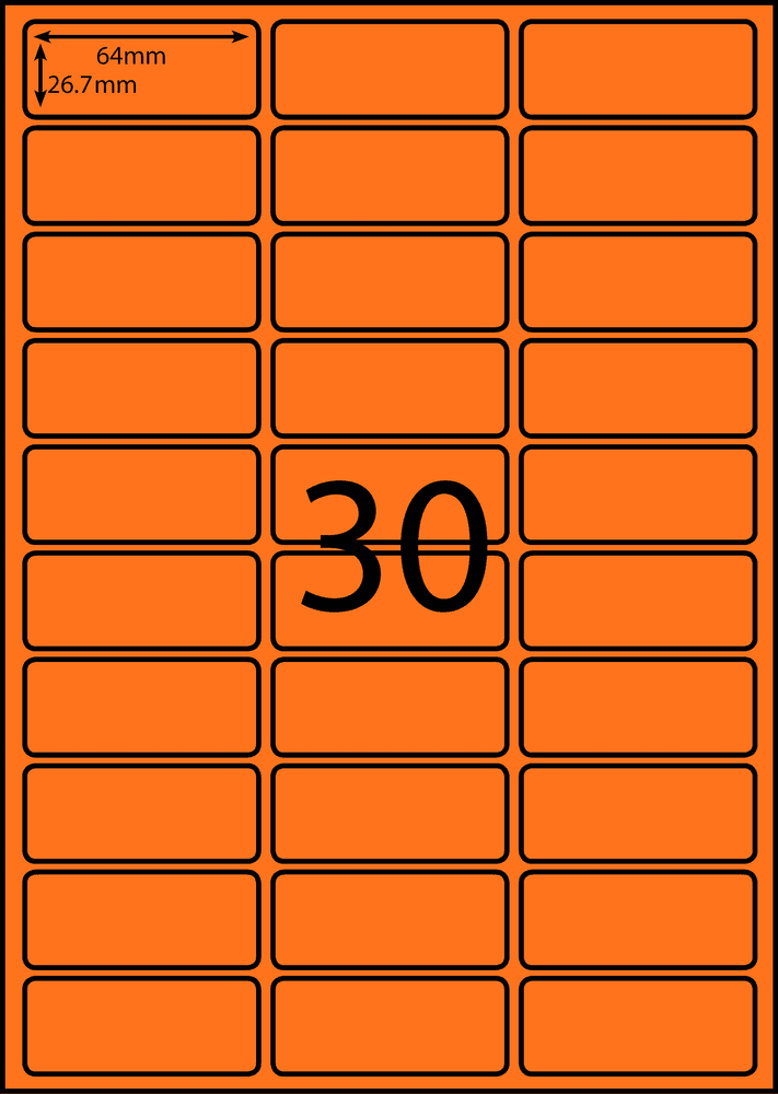 64 x 26.7 mm orange A4 sheet label, 30 per sheet, 3 across.