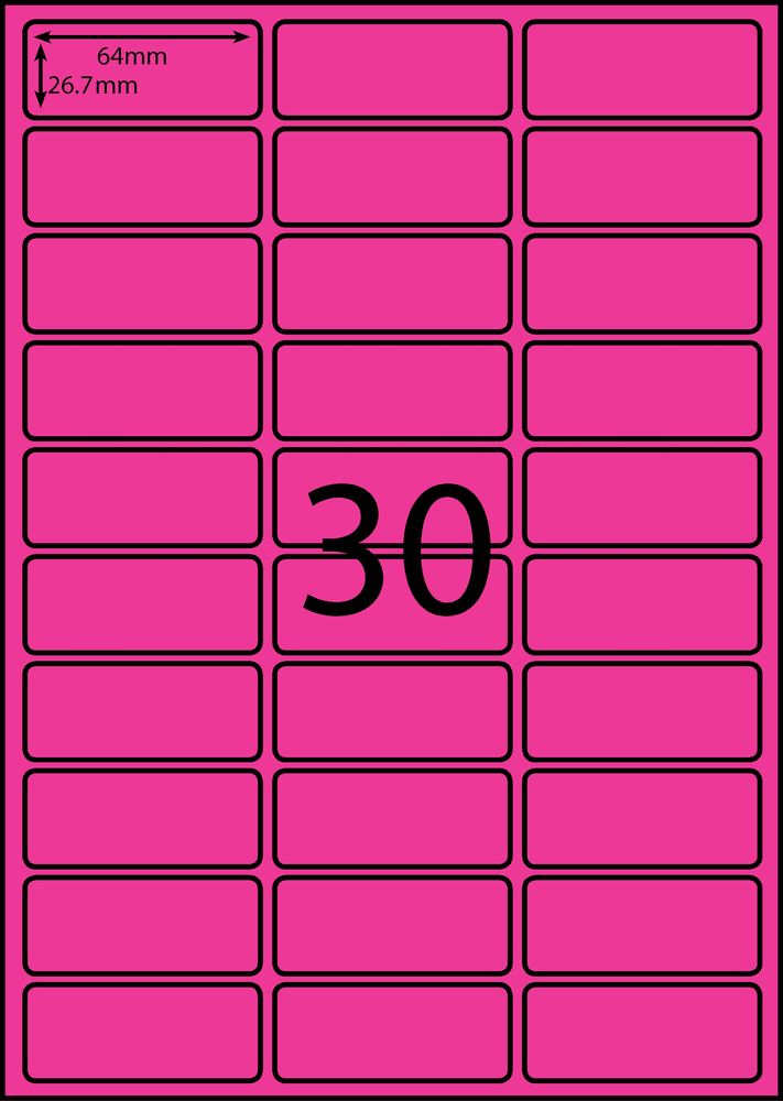 64 x 26.7 mm pink A4 sheet label, 30 per sheet, 3 across.