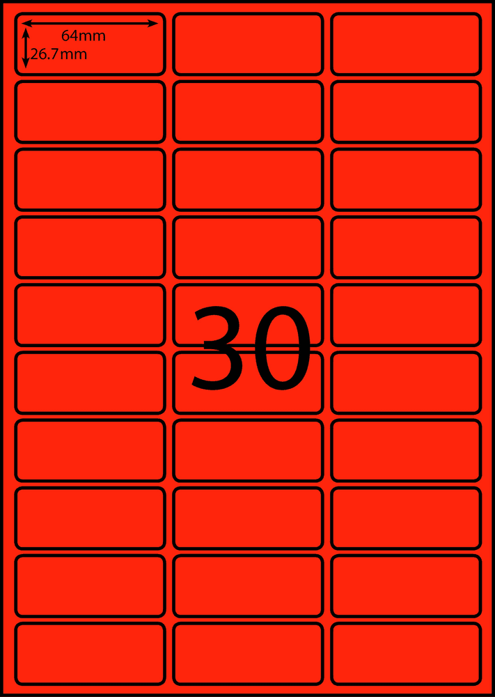 64 x 26.7 mm red A4 sheet label, 30 per sheet, 3 across.
