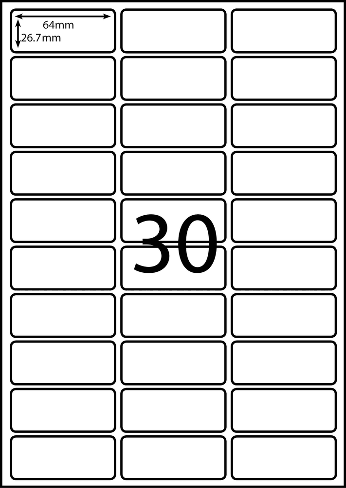 64 x 26.7 mm white A4 sheet label, 30 per sheet, 3 across.