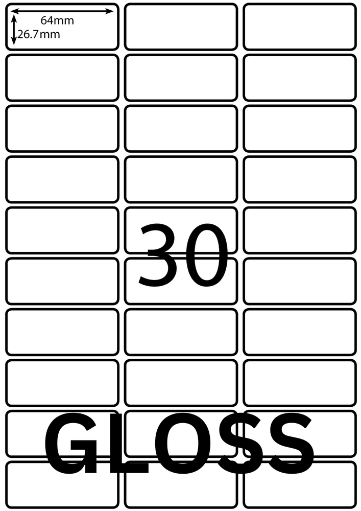 64 x 26.7 mm white A4 sheet label, 30 per sheet, 3 across.