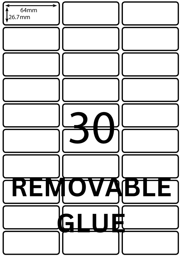 64 x 26.7 mm white A4 sheet label, 30 per sheet, 3 across.