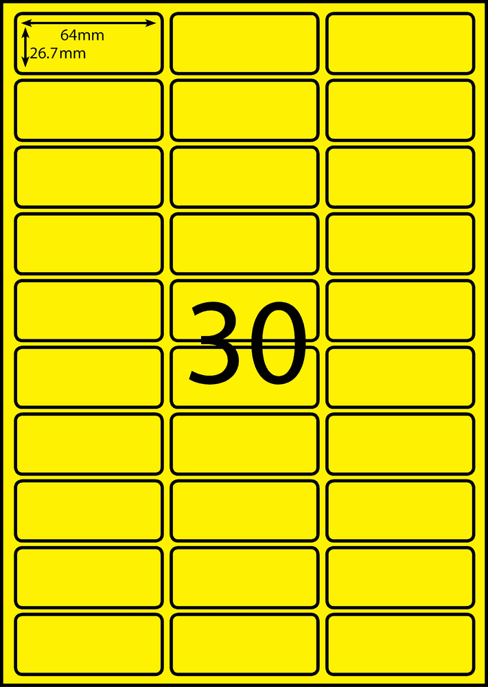 64 x 26.7 mm yellow A4 sheet label, 30 per sheet, 3 across.