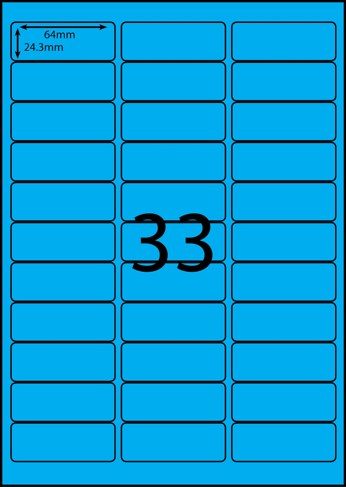 64 x 24.3 mm blue A4 sheet label, 33 per sheet, 3 across.
