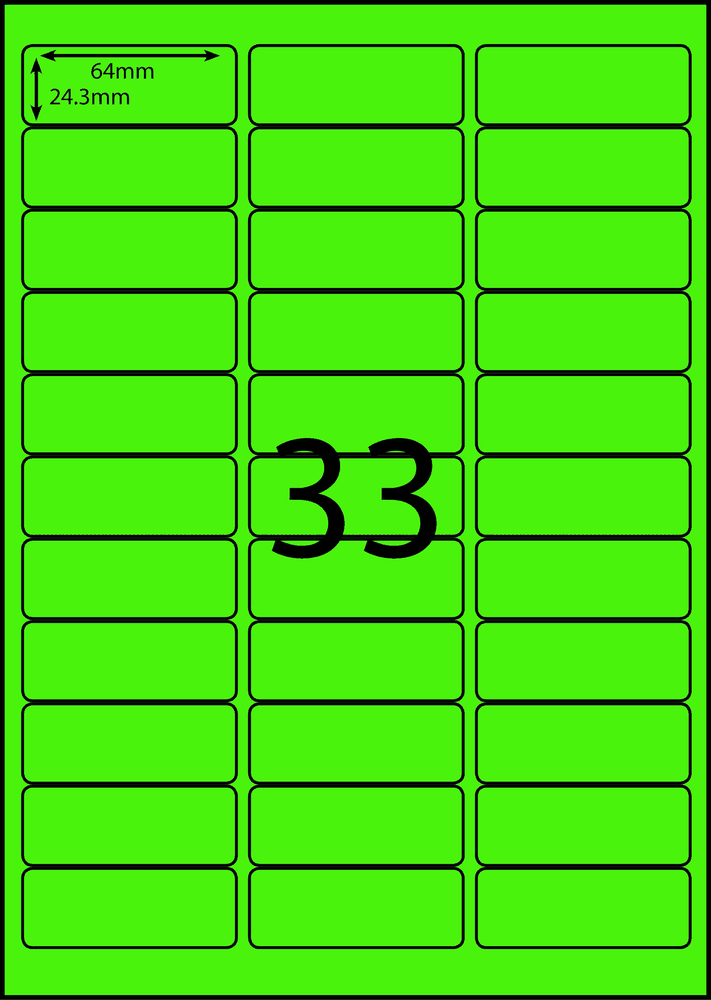 64 x 24.3 mm green A4 sheet label, 33 per sheet, 3 across.