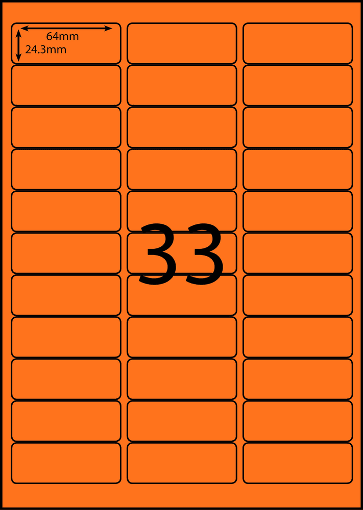 64 x 24.3 mm orange A4 sheet label, 33 per sheet, 3 across.