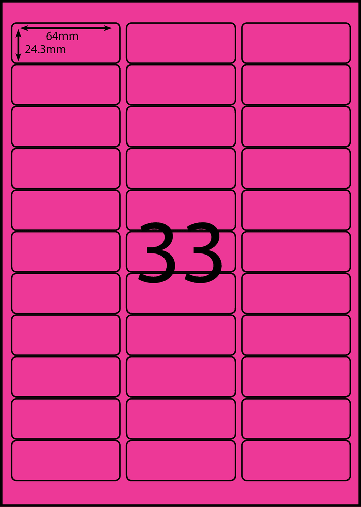 64 x 24.3 mm pink A4 sheet label, 33 per sheet, 3 across.