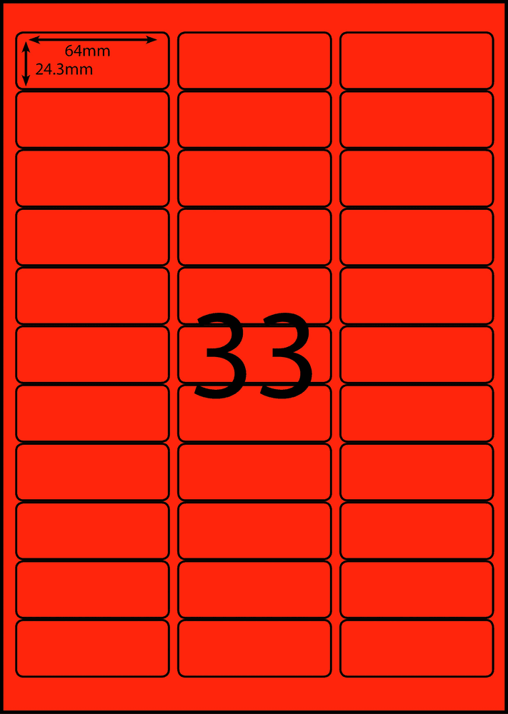 64 x 24.3 mm red A4 sheet label, 33 per sheet, 3 across.