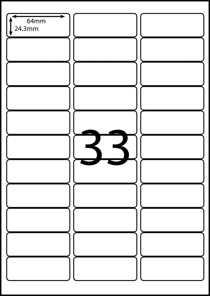 64 x 24.3 mm white A4 sheet label, 33 per sheet, 3 across.