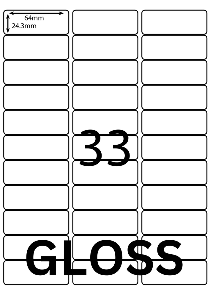 64 x 24.3 mm white A4 sheet label, 33 per sheet, 3 across.