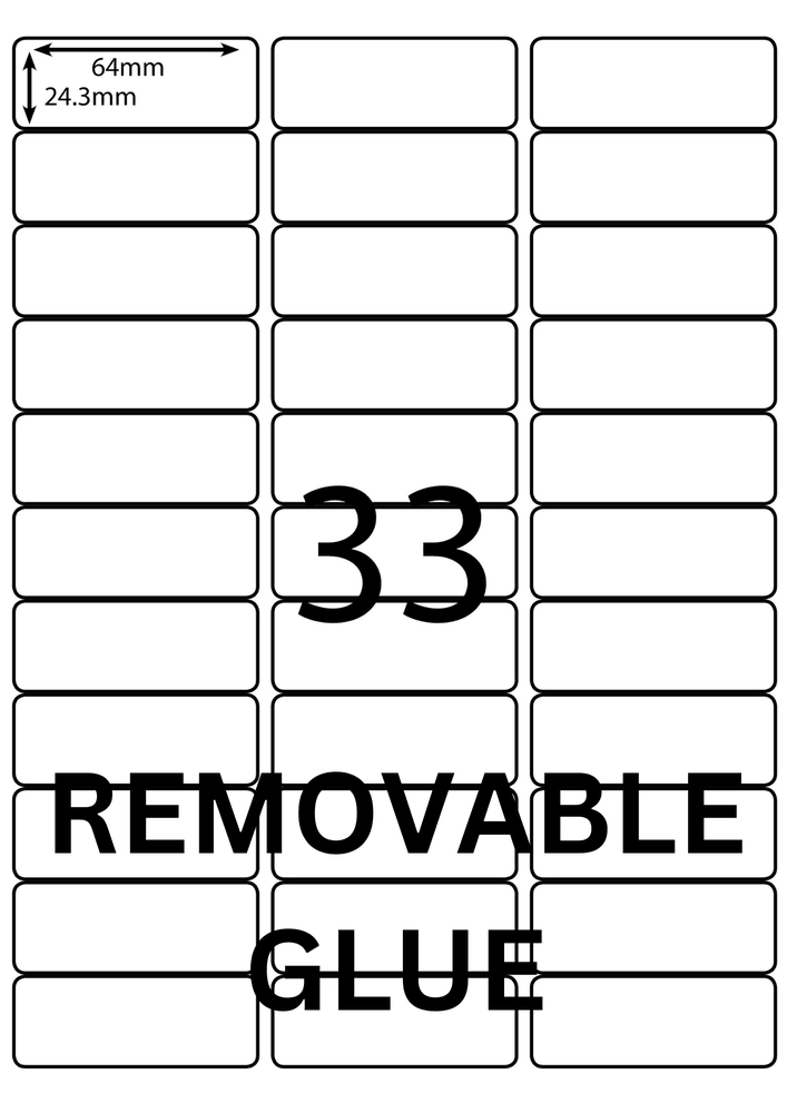 64 x 24.3 mm white A4 sheet label, 33 per sheet, 3 across.