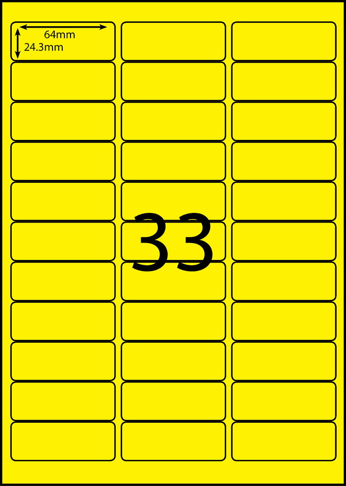 64 x 24.3 mm yellow A4 sheet label, 33 per sheet, 3 across.