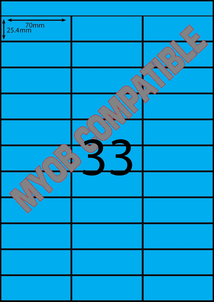 70 x 25 mm blue A4 sheet label, 33 per sheet, 3 across.