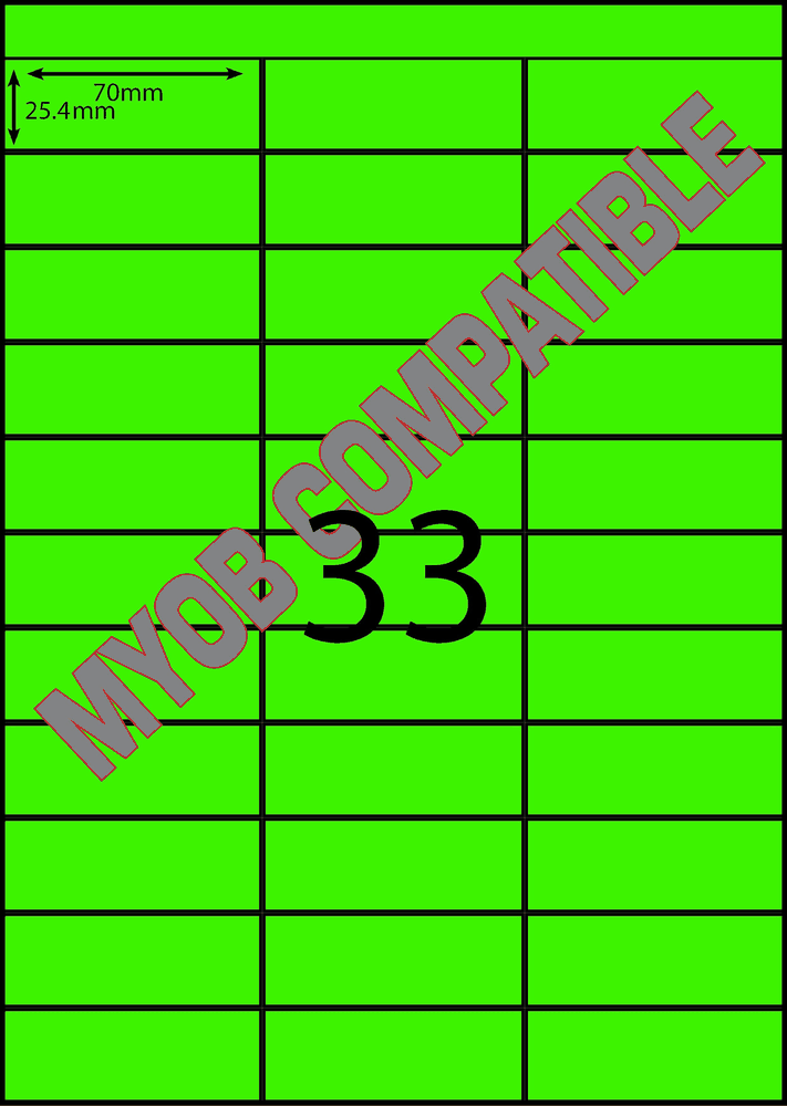 70 x 25 mm green A4 sheet label, 33 per sheet, 3 across.