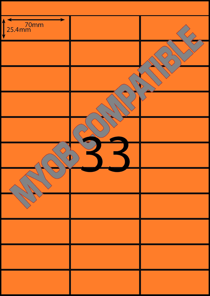 70 x 25 mm orange A4 sheet label, 33 per sheet, 3 across.