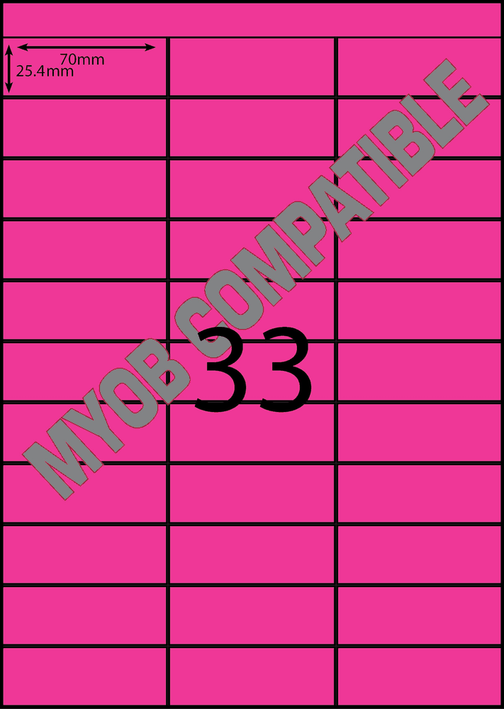 70 x 25 mm pink A4 sheet label, 33 per sheet, 3 across.