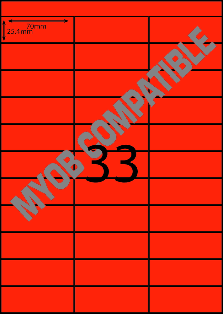 70 x 25 mm red A4 sheet label, 33 per sheet, 3 across.