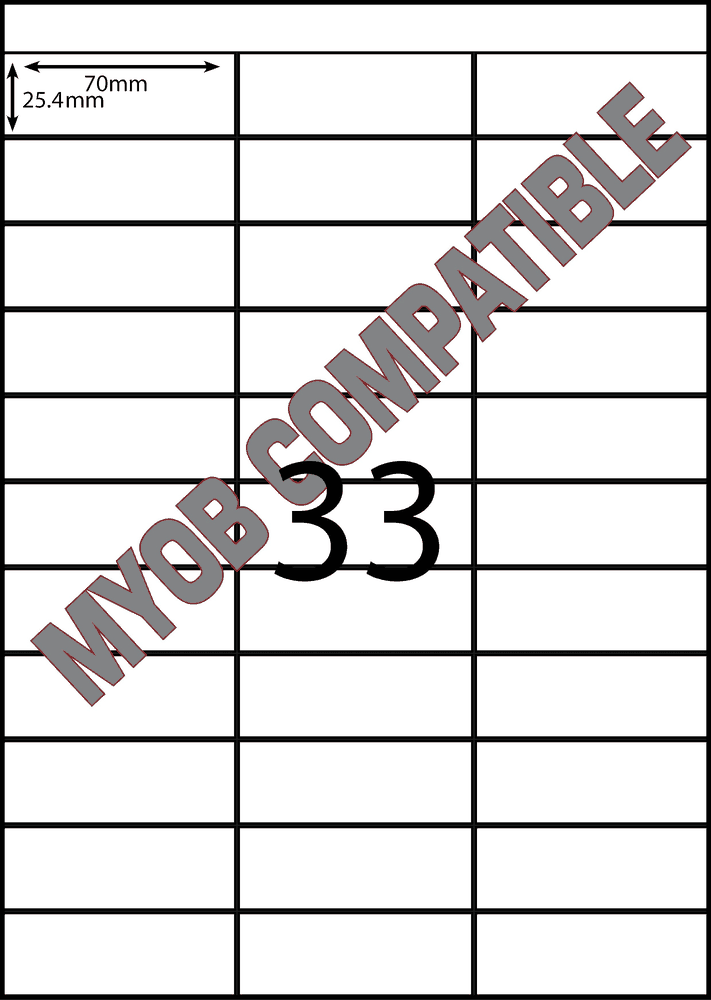 70 x 25 mm white A4 sheet label, 33 per sheet, 3 across.