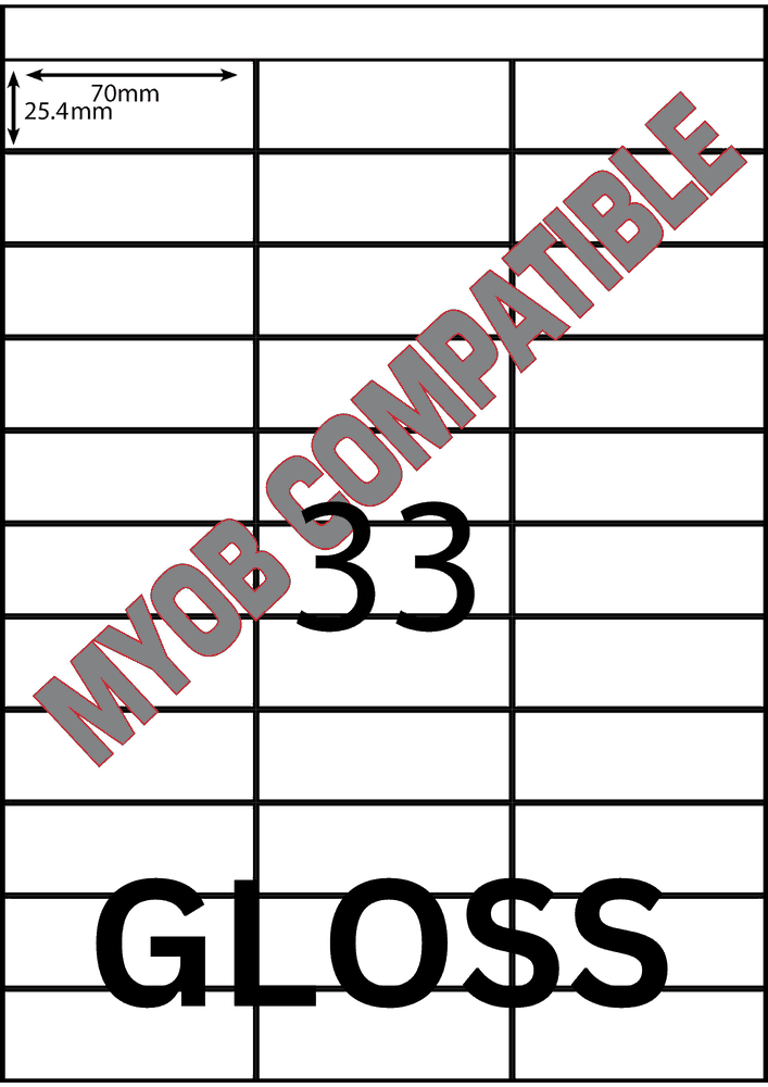 70 x 25 mm white A4 sheet label, 33 per sheet, 3 across.