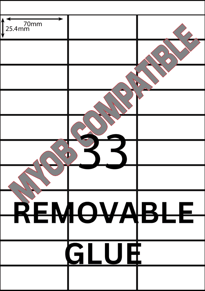 70 x 25 mm white A4 sheet label, 33 per sheet, 3 across.