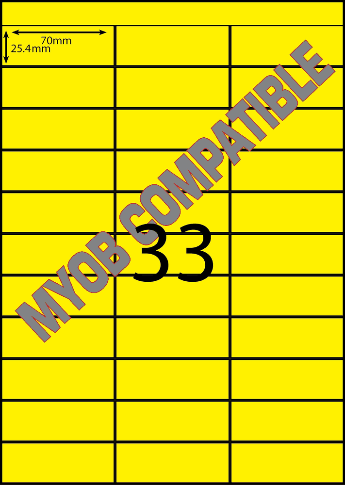 70 x 25 mm yellow A4 sheet label, 33 per sheet, 3 across.